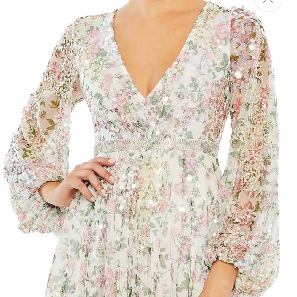 Mac duggal White Embellished Floral Print Faux Wrap